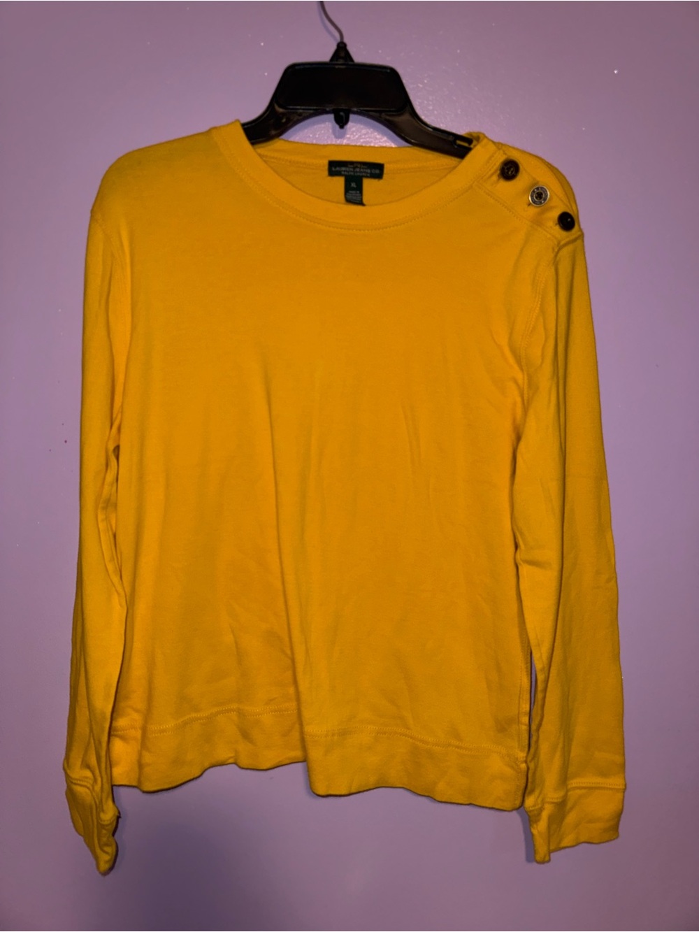 Ralph Lauren Women's Bright Yellow Crewneck Sweater with Shoulder Buttons